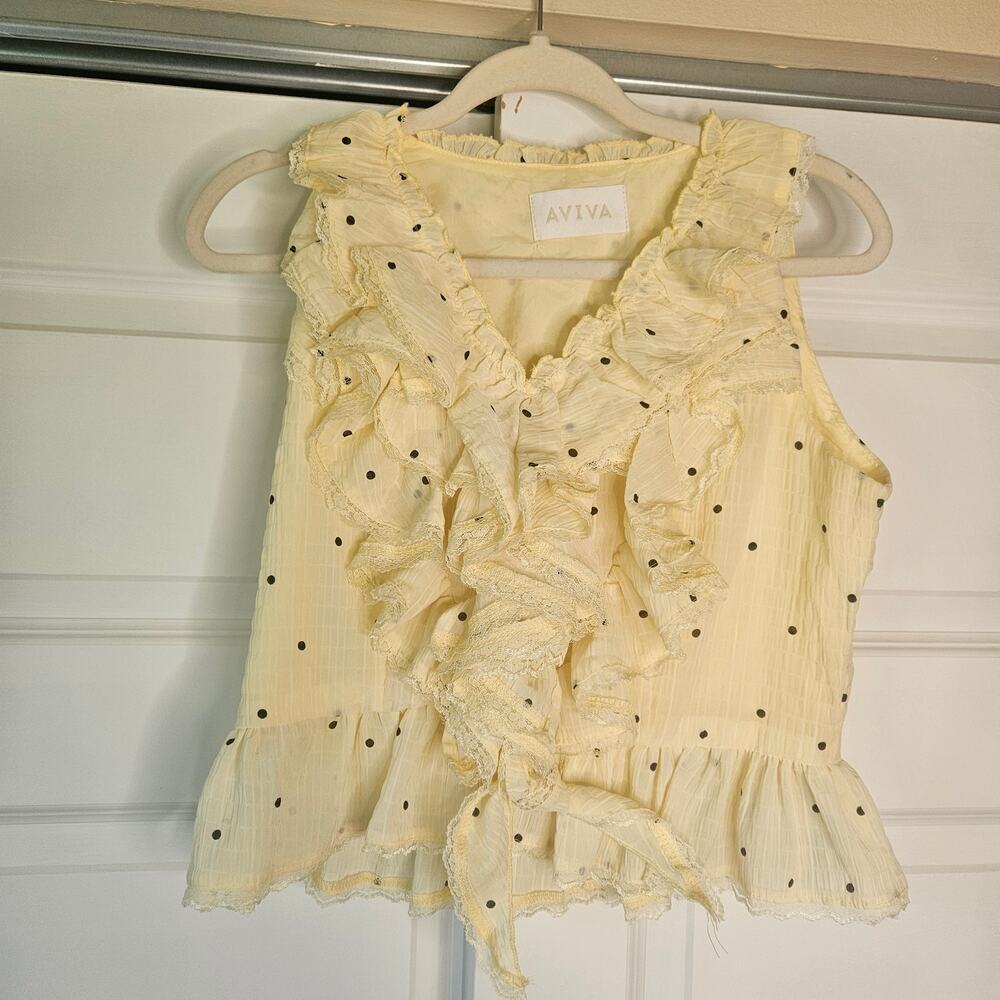 Vintage AVIVA Butter Yellow Ruffle Polka Dot Coquette Cottagecore Blouse